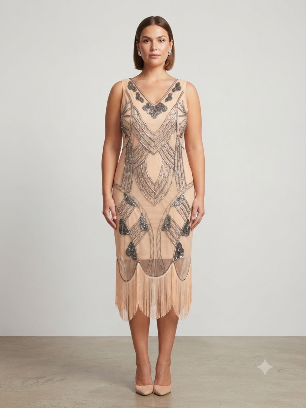 Gatsbylady London Art Deco Beaded Fringe Flapper Dress Nude Gold US 10 UK 14